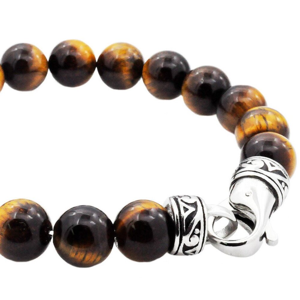 Blackjack Genuine Tiger Eye Stainless Steel Beaded Bracelet - Picture 2 of 4